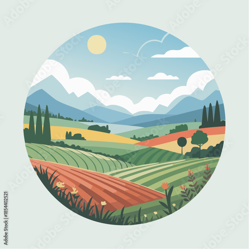 Minimal flat vector of countryside landscape adapting to seasons, clean design