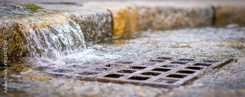 Urban rainwater drainage with water flowing through open manhole for infrastructure management