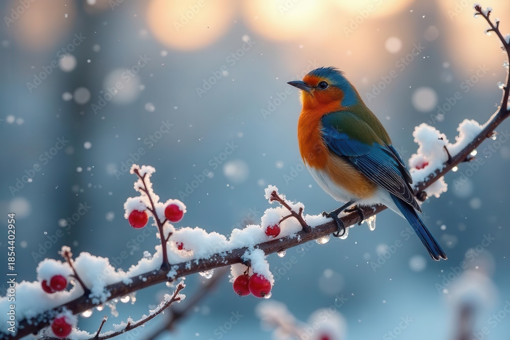 custom made wallpaper toronto digitalA vibrant winter bird perched on a snow-laden branch adorned with bright red berries, bathed in the soft glow of the setting sun.
