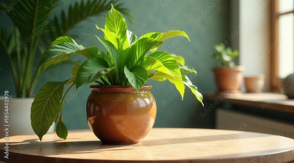 custom made wallpaper toronto digitalA vibrant green potted plant with broad leaves sits on a light wooden table, bathed in sunlight streaming from a nearby window, creating a serene indoor scene