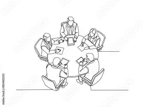 Rendered in a fluid continuous line style, this overhead sketch depicts five business professionals seated around a circular table, actively collaborating on documents during a meeting