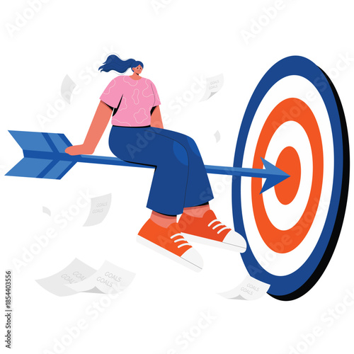 New Goals Illustration. Vector illustration of Woman sitting on an arrow hitting a bullseye target, symbolizing focus, ambition, and achieving new goals. Isolated on background