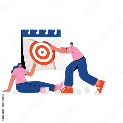 New Goals Illustration. Vector illustration of Team setting a bullseye on a calendar page, illustrating planning, scheduling, and working toward shared goals. Isolated on background