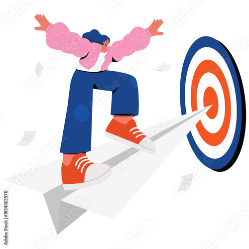 New Goals Illustration. Vector illustration of Woman riding a paper plane toward a bullseye target, showing direction, momentum, and reaching new goals. Isolated on background