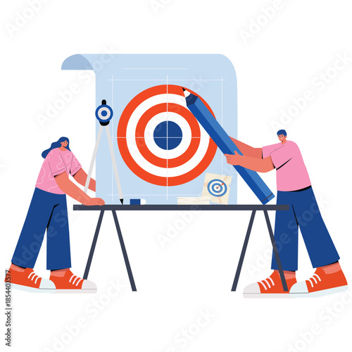New Goals Illustration. Vector illustration of People drawing a bullseye on a blueprint with tools, symbolizing goal setting, design thinking, and strategic planning. Isolated on background