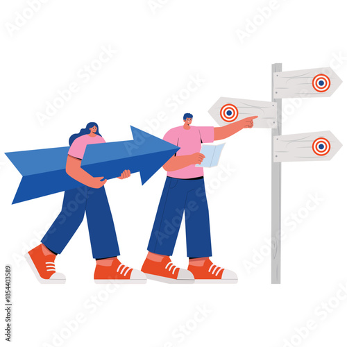 New Goals Illustration. Vector illustration of Team choosing directions using signposts with targets, representing decision making and goal alignment. Isolated on background