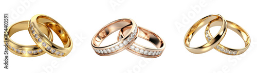 Luxury Gold and Rose Gold Diamond Wedding Rings Pair isolated on transparent background png