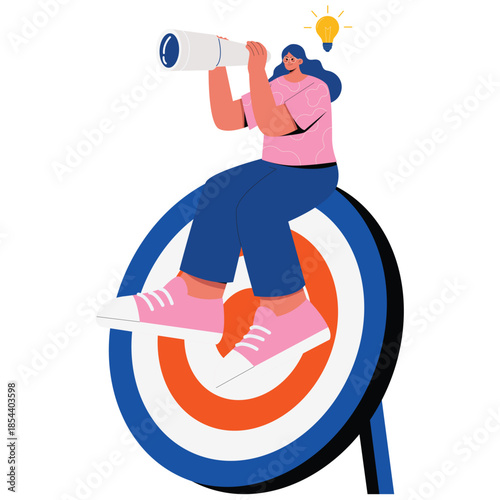 New Goals Illustration. Vector illustration of Woman sitting on a target while using a telescope, representing vision, insight, and strategic focus. Isolated on background