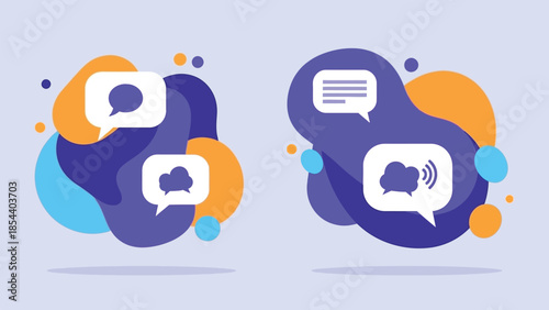 Vibrant graphic design showcasing global digital dialogue, cloud computing, and social media connectivity