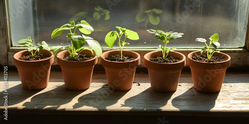 Young Seedlings Growing in Pots on Sunny Windowsill