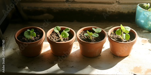 Young Seedlings Growing in Pots on Sunny Windowsill