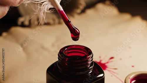 Vintage quill pen dipping into a deep crimson inkwell with old parchment background