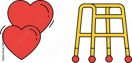 Yellow medical walker for elderly mobility assistance and red heart icons vector illustration isolated on white background for healthcare and senior care.