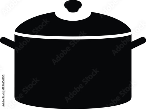 Black cooking pot silhouette icon with lid and handles isolated on white background for kitchenware and culinary design.