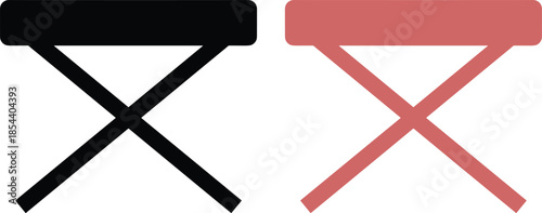 Set of two folding stool vector icons in black and pink colors isolated on white background for camping outdoor furniture and portable seating.