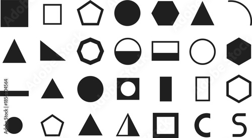 Large collection of basic geometric shapes including circles squares triangles and polygons in flat black silhouette style for graphic design and logo creation.
