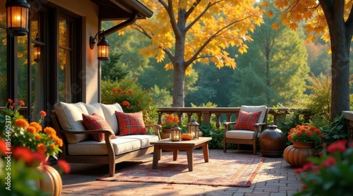 Wallpaper Mural Serene Autumn Patio  Relaxing Outdoor Furniture Amidst Vibrant Fall Foliage and Warm Lighting Torontodigital.ca