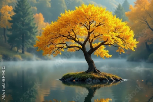 Wallpaper Mural Serene Autumnal Tree on a Misty Lake Island, Reflecting Tranquility and the Golden Hues of Fall Torontodigital.ca