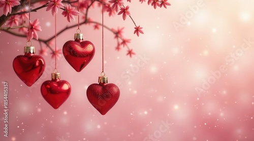 Wallpaper Mural Romantic red heart ornaments dangling from a blossoming branch against a soft pink backdrop Torontodigital.ca