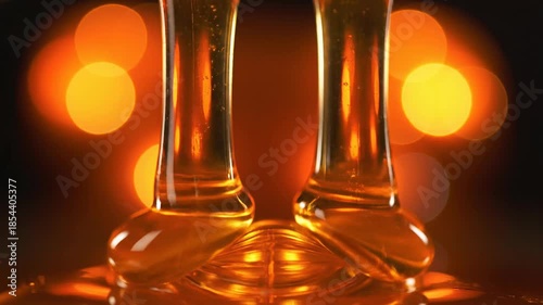 Viscous golden liquid streams elegantly against a backdrop of warm bokeh lights