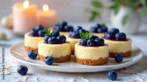 Miniature Cheesecakes Topped with Blueberry Glaze, Presented on a Plate with Candles in the Background