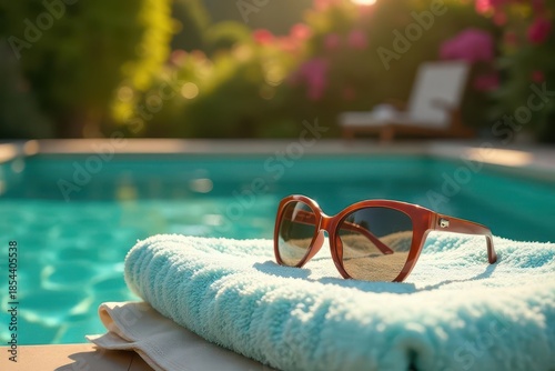 Sunglasses Resting on a Soft Towel by a Sparkling Pool on a Sunny Day