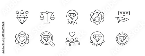 Values and Rating Icon Set Featuring Diamonds, Stars, and Human Elements in Line Style with Editable Strokes