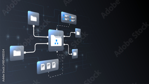 Management workflow digital file. management system network diagram with connected folders and data flow.