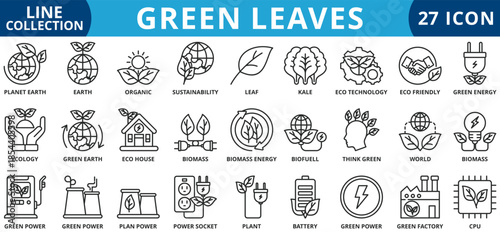 Green leaves icon set outline style icon set collection vector illustration