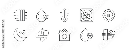 Air Conditioning Icon Set with Editable Stroke in Line Style, Featuring Ventilation, Temperature, and Humidity Control Elements