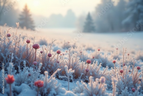 Serene Winter Landscape Delicate Pink Flowers Covered in Frost Under a Soft Sunrise