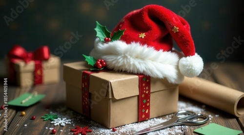 A Festive Season Gift Preparation Scene Featuring a Red Santa Hat Atop a Wrapped Present with Holiday Decorations