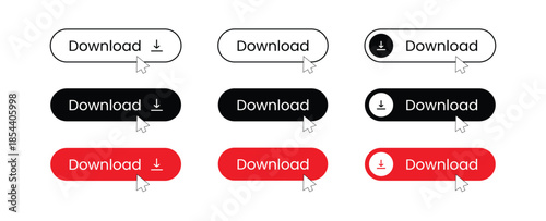Download Button Icon Set with Multiple Styles, Editable Vector Silhouettes and Line Search Bar Icons