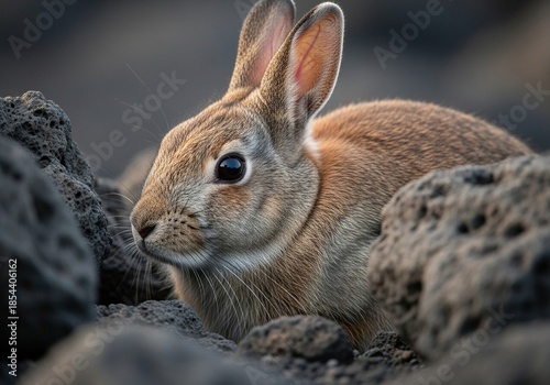 Cute rabbit hiding among rocks in natural habitat