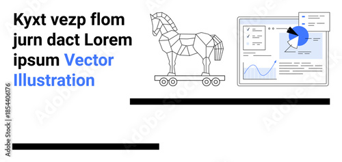 Cybersecurity, digital threats, data protection, analytics, online security, technology trends. Trojan horse next to analytics dashboard. Cybersecurity and digital threats