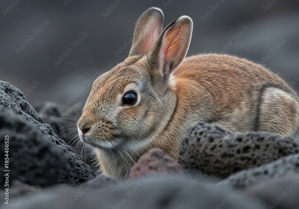 Fototapeta premium Cute brown rabbit on rocky terrain with alert expression