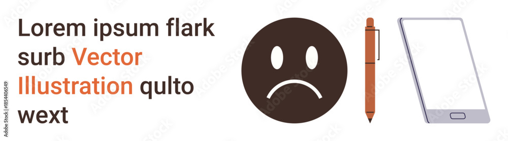 Fototapeta premium Communication, digital messaging, emotions, technology, productivity, writing tools. Sad face emotion beside a smartphone and pen. Emotions and communication concepts emphasizing digital messaging