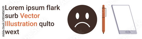 Communication, digital messaging, emotions, technology, productivity, writing tools. Sad face emotion beside a smartphone and pen. Emotions and communication concepts emphasizing digital messaging