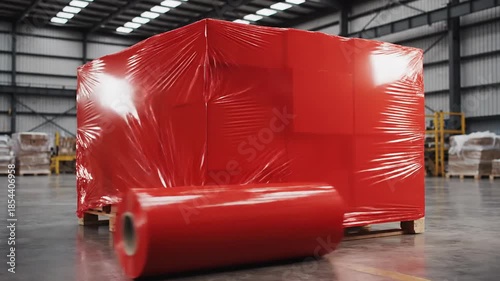 Warehouse goods securely wrapped in vibrant red protective film for transit and storage