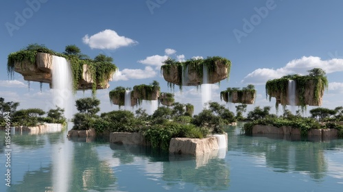 Floating Islands with Waterfalls and Lush Greenery in Fantasy Landscape
