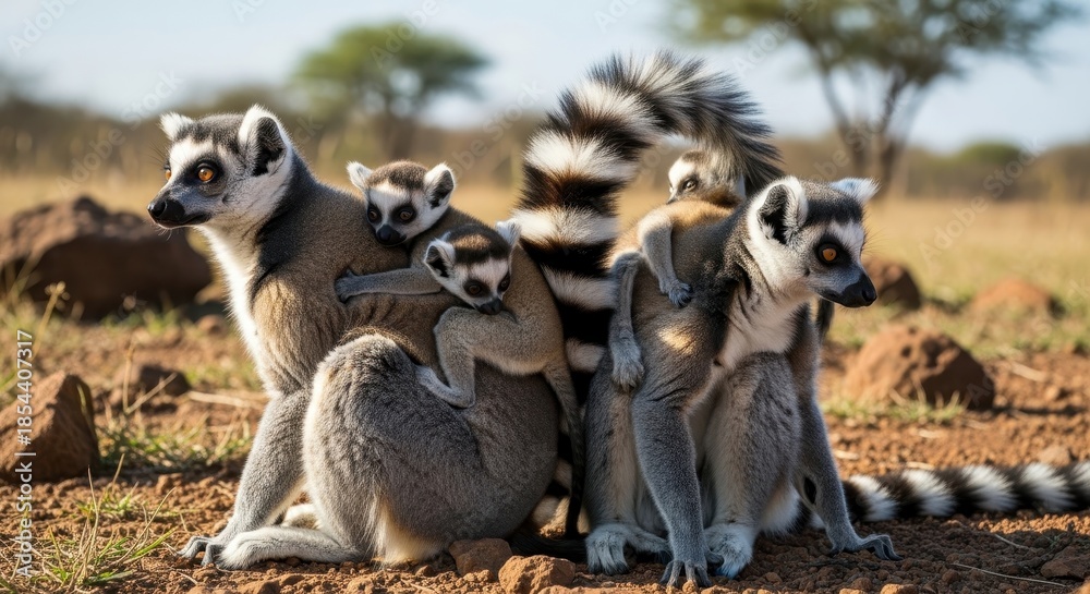 Fototapeta premium A heartwarming family portrait of ring-tailed lemurs amidst the natural beauty of Madagascar