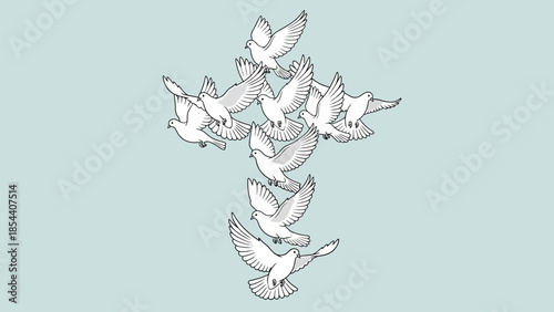 Flock of white doves flying together in formation against light blue background