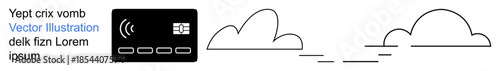 Financial technology, wireless transactions, cloud computing, minimalist design, connectivity, online payments. Black digital card with wireless symbol, clouds as a background. Financial technology