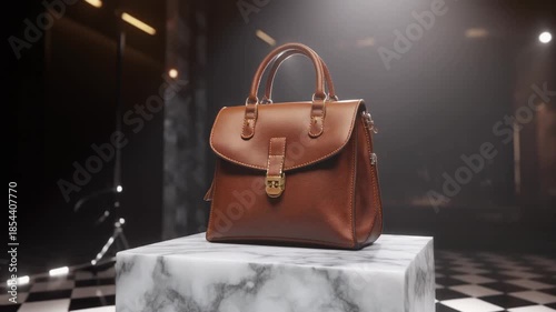 premium brown leather handbag on marble surface pedestal with fashion soft lighting