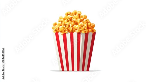 Popcorn overflowing a red and white striped paper container on white background