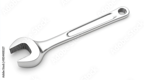 Shiny metal wrench isolated on white surface for repair and maintenance