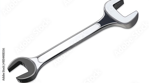 Shiny metal wrench tool isolated on white background for repair or construction