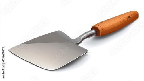 Shiny trowel tool with wooden handle on white background
