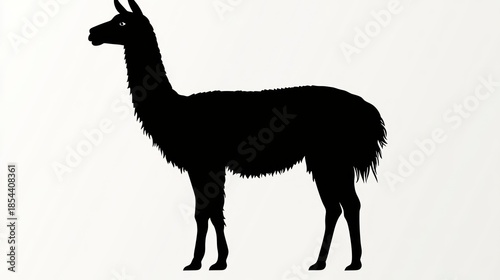 Silhouette of a llama standing proudly against a bright white background