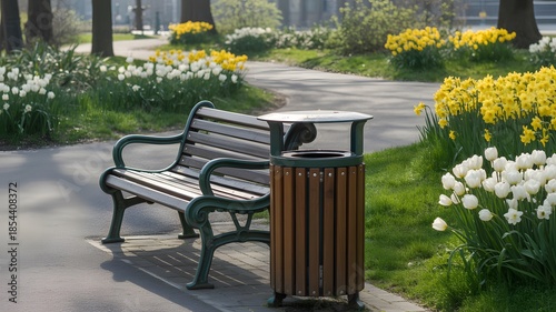 A park scene featuring a wooden bench with metal armrests and a vertical wooden slat trash can beside it. 